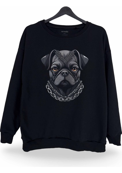 Gotik Pug Baskılı Bisiklet Yaka Oversize Sweatshirt