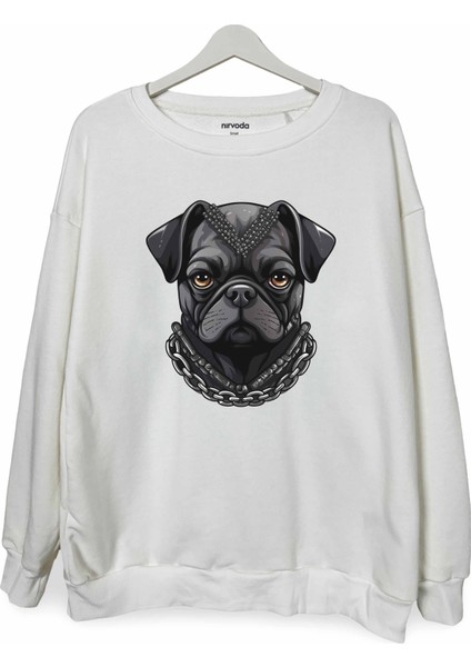 Gotik Pug Baskılı Bisiklet Yaka Oversize Sweatshirt