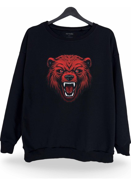 Kırmızı Ayı Baskılı Bisiklet Yaka Oversize Sweatshirt