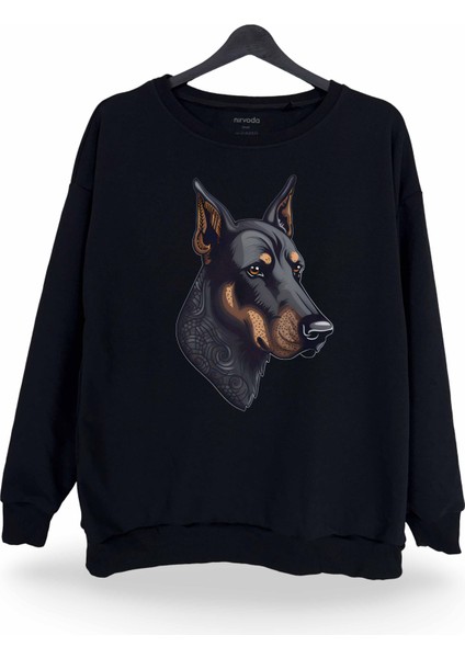 Doberman Baskılı Bisiklet Yaka Oversize Sweatshirt