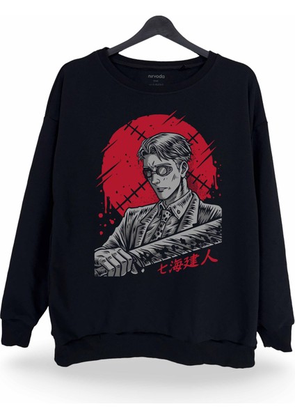 Kento Nanami Jujutsu Kaisen Baskılı Bisiklet Yaka Oversize Sweatshirt Anime Manga Siyah