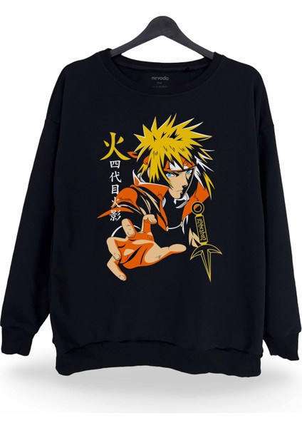 Minato Namikaze Naruto Baskılı Bisiklet Yaka Oversize Sweatshirt Anime Manga Siyah