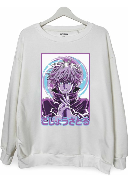 Satoru Gojo Jujutsu Kaisen Mor Baskılı Bisiklet Yaka Oversize Sweatshirt Anime Manga