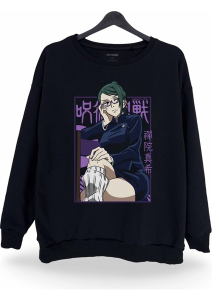 Maki Jujutsu Kaisen Baskılı Bisiklet Yaka Oversize Sweatshirt Anime Manga Siyah