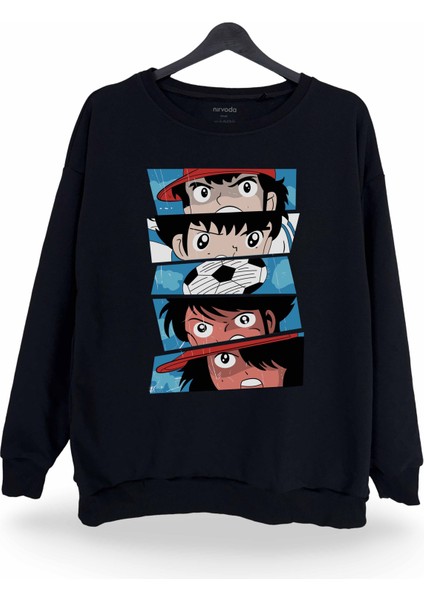 Tsubasa Baskılı Bisiklet Yaka Oversize Sweatshirt Anime Manga