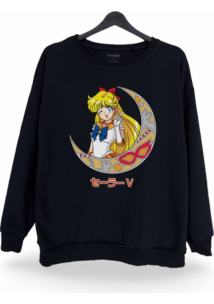 Sailor Moon Ay Savaşçısı Baskılı Bisiklet Yaka Oversize Sweatshirt Anime Manga