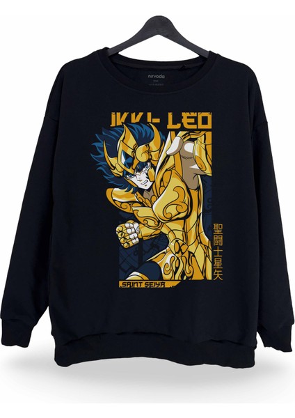 Saint Seiya Baskılı Bisiklet Yaka Oversize Sweatshirt Anime Manga Siyah