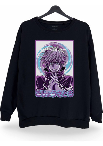 Satoru Gojo Jujutsu Kaisen Mor Baskılı Bisiklet Yaka Oversize Sweatshirt Anime Manga