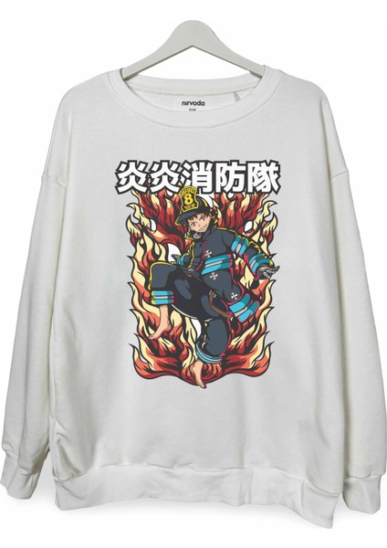Shinra Kusakabe Fire Force Baskılı Bisiklet Yaka Oversize Sweatshirt Anime Manga