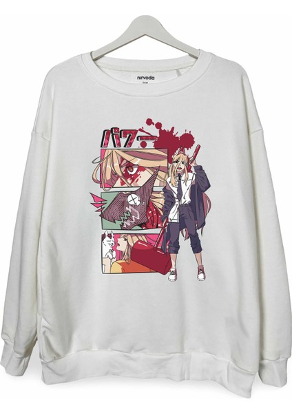 Power Chainsaw Man Baskılı Bisiklet Yaka Oversize Sweatshirt Anime Manga