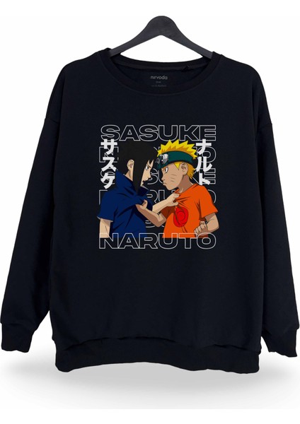 Sasuke ve Naruto Baskılı Bisiklet Yaka Oversize Sweatshirt Anime Manga Siyah