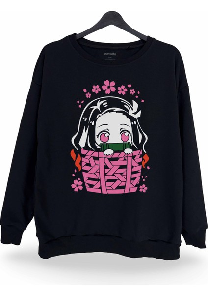 Nezuko Demon Slayer Baskılı Bisiklet Yaka Oversize Sweatshirt Anime Manga Siyah