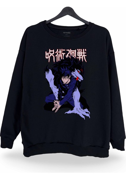 Megumi Divine Dog Jujutsu Kaisen Baskılı Bisiklet Yaka Oversize Sweatshirt Anime Manga