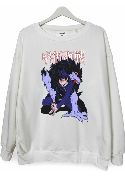Megumi Divine Dog Jujutsu Kaisen Baskılı Bisiklet Yaka Oversize Sweatshirt Anime Manga