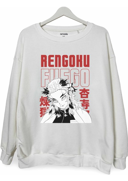 Rengoku Demon Slayer Baskılı Bisiklet Yaka Oversize Sweatshirt Anime Manga