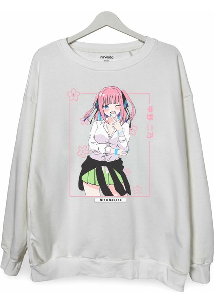 Nino Nakano Eşsiz Beşizler Baskılı Bisiklet Yaka Oversize Sweatshirt Anime Manga