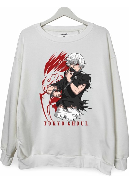 Ken Kanaki Tokyo Ghoul Baskılı Bisiklet Yaka Oversize Sweatshirt Anime Manga
