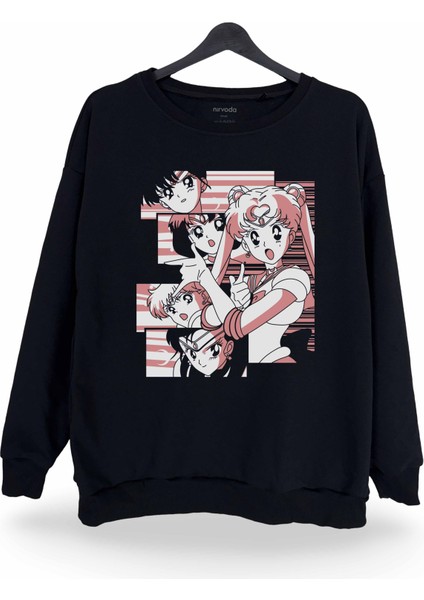 Sailor Moon Baskılı Bisiklet Yaka Oversize Sweatshirt Siyah