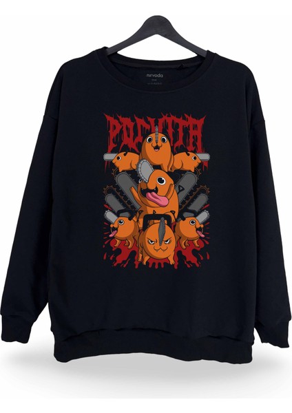 Pochita Chainsaw Man Baskılı Bisiklet Yaka Oversize Sweatshirt Anime Manga Siyah