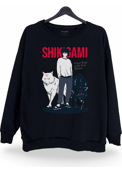 Shikigami Jujutsu Kaisen Baskılı Bisiklet Yaka Oversize Sweatshirt Anime Manga