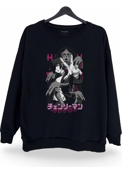Himeno Chainsaw Man Baskılı Bisiklet Yaka Oversize Sweatshirt Anime Manga Siyah