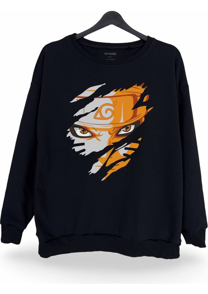 Parçalı Naruto Baskılı Bisiklet Yaka Oversize Sweatshirt