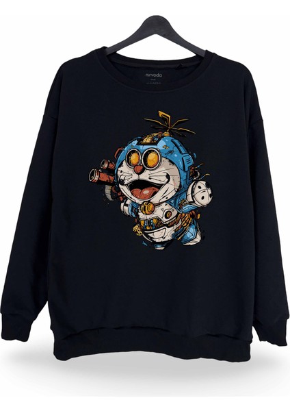 Robot Doraemon Baskılı Bisiklet Yaka Oversize Sweatshirt