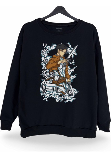 Levi Attack On Titan Baskılı Bisiklet Yaka Oversize Sweatshirt Anime Manga Siyah