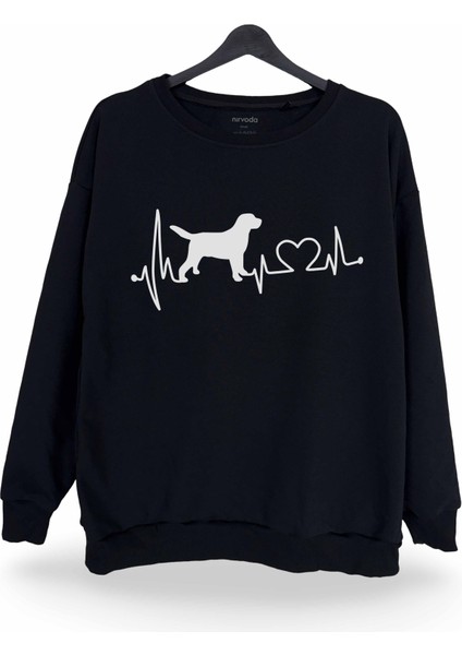 Köpek Dostum Kalp Atışı Baskılı Bisiklet Yaka Oversize Sweatshirt Siyah