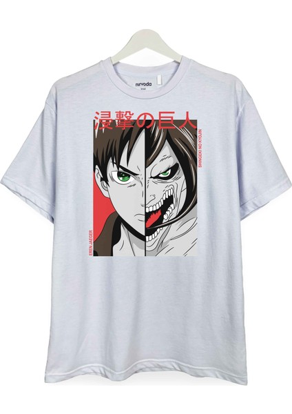 Eren Shingeki Attack On Titan Baskılı Loose Fit Bisiklet Yaka Unisex Tişört