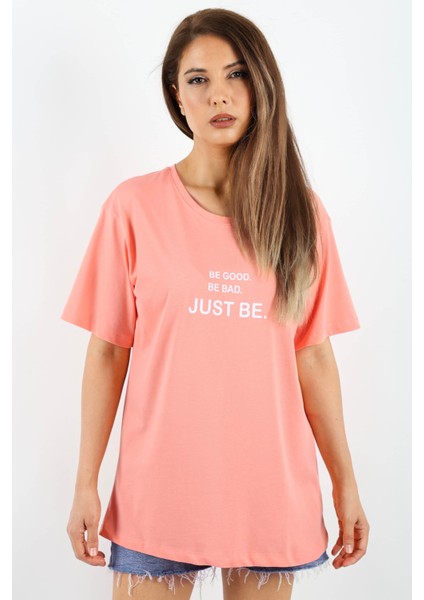 Kadın Just Be Geniş Kesim %100 Pamuk Somon T-Shirt