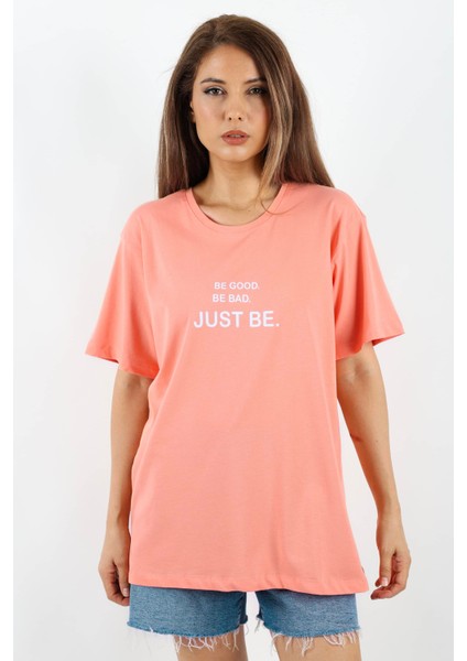 Kadın Just Be Geniş Kesim %100 Pamuk Somon T-Shirt