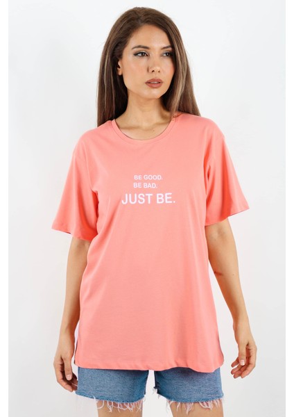 Kadın Just Be Geniş Kesim %100 Pamuk Somon T-Shirt
