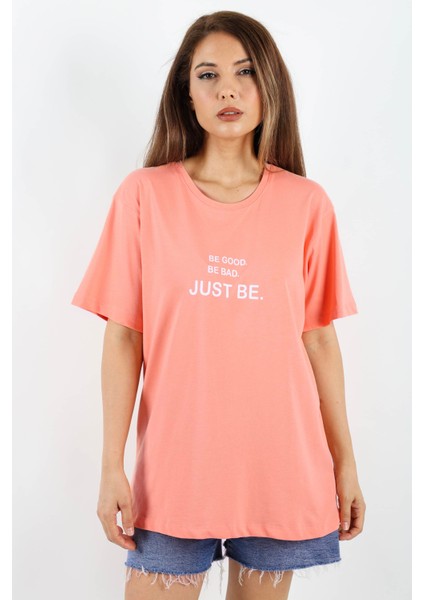 Kadın Just Be Geniş Kesim %100 Pamuk Somon T-Shirt