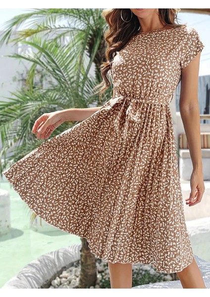 Kadın Kısa Kollu Bisiklet Yaka Pileli Midi Örgü Krep Elbise