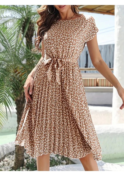 Kadın Kısa Kollu Bisiklet Yaka Pileli Midi Örgü Krep Elbise modelleri