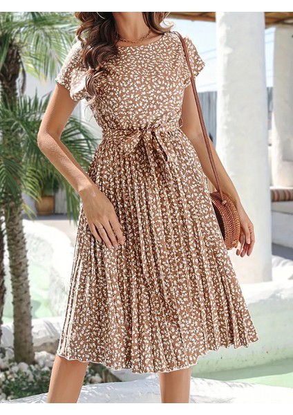 Kadın Kısa Kollu Bisiklet Yaka Pileli Midi Örgü Krep Elbise fırsatları