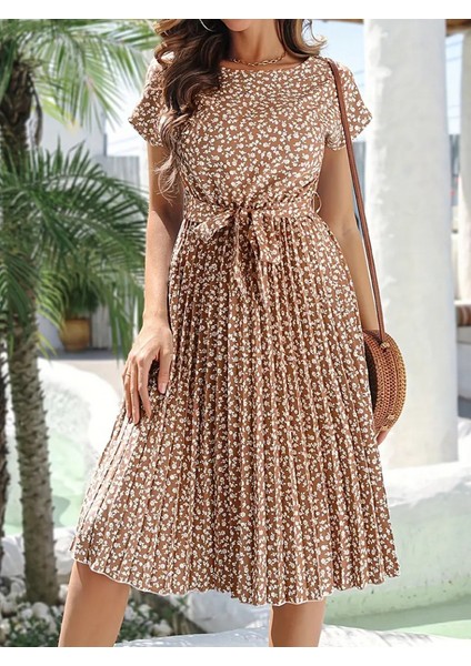 Kadın Kısa Kollu Bisiklet Yaka Pileli Midi Örgü Krep Elbise indirimleri