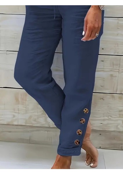 Kadın Paçası Güpür Detay Beli Lastikli Keten Pantolon fiyatları