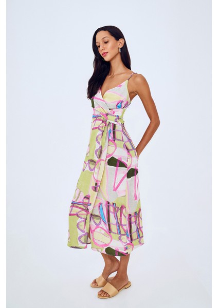 Desenli Anvelop Keten Elbise Yeşil modelleri