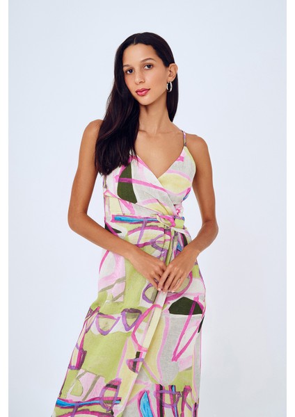 Desenli Anvelop Keten Elbise Yeşil fırsatları