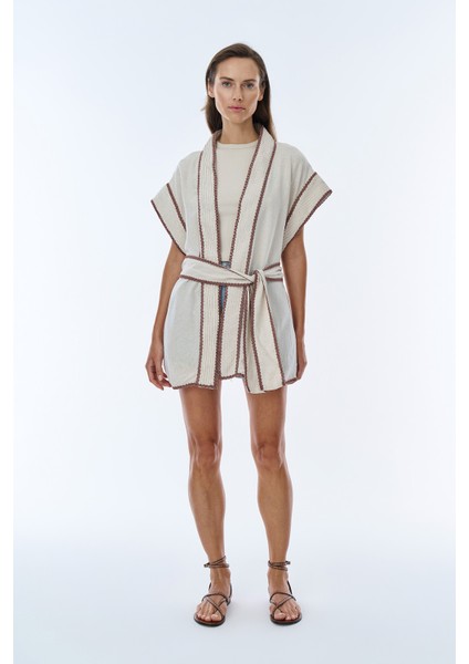 Işleme Detaylı Bağlamalı Keten Kimono Naturel fırsatları