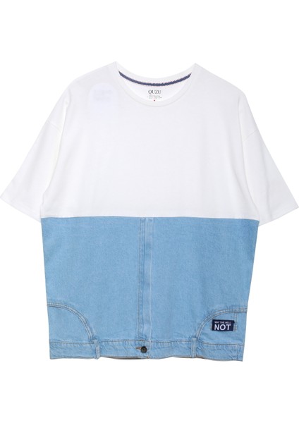 Denim Detaylı Kısa Kol Tişört Ekru