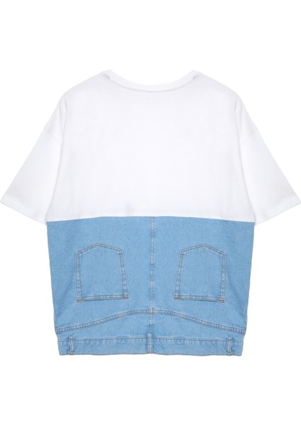 Denim Detaylı Kısa Kol Tişört Ekru