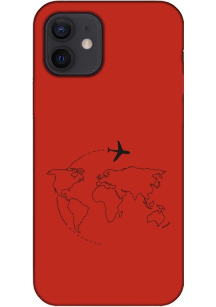 iPhone 12 Mini Harita Uçak Kırmızı Telefon Kılıfı