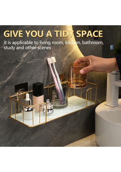 Siyah Stil Lüks Banyo Rafı Sondaj Olmadan Demir Duvar Rafı Mermer Tarzı Cam Tabak Makyaj Kutusu Raf Banyo Aksesuarları (Yurt Dışından) modelleri