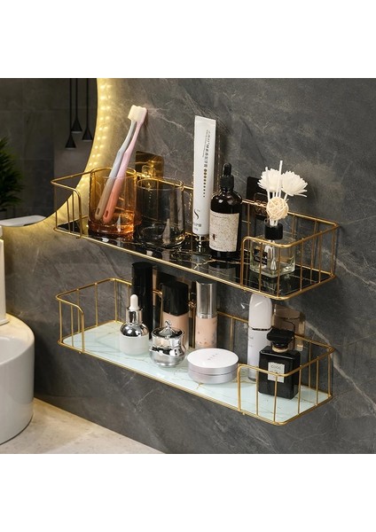 Siyah Stil Lüks Banyo Rafı Sondaj Olmadan Demir Duvar Rafı Mermer Tarzı Cam Tabak Makyaj Kutusu Raf Banyo Aksesuarları (Yurt Dışından) fiyatları