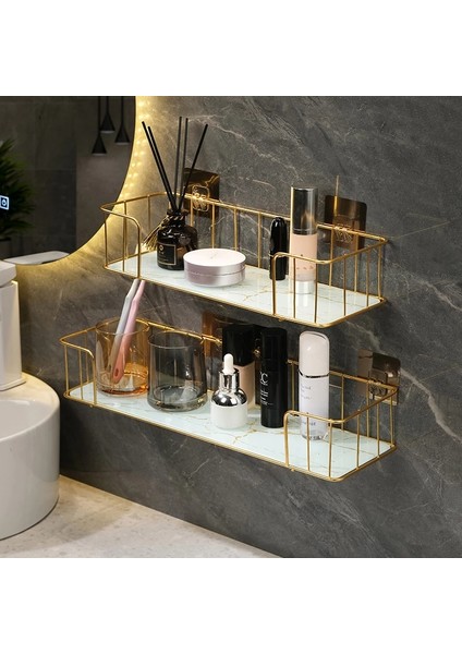 Siyah Stil Lüks Banyo Rafı Sondaj Olmadan Demir Duvar Rafı Mermer Tarzı Cam Tabak Makyaj Kutusu Raf Banyo Aksesuarları (Yurt Dışından) modelleri