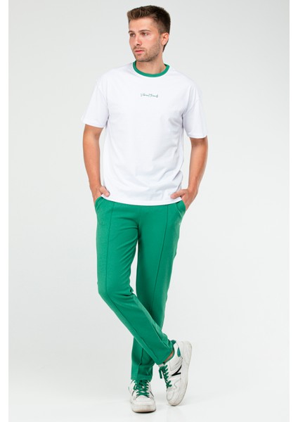 Beyaz - Benetton Yeşili Oversize Bisiklet Yaka Basic Erkek Takım XB0093