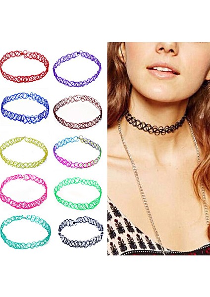 No.11 Boyutu Trendy Parti Kısa Kolye Kadın Elastik Balık Hattı Çapraz Örgü Vintage Dövme Gerdanlık Kadın Klavikula Zinciri Dekoratif Takı (Yurt Dışından)